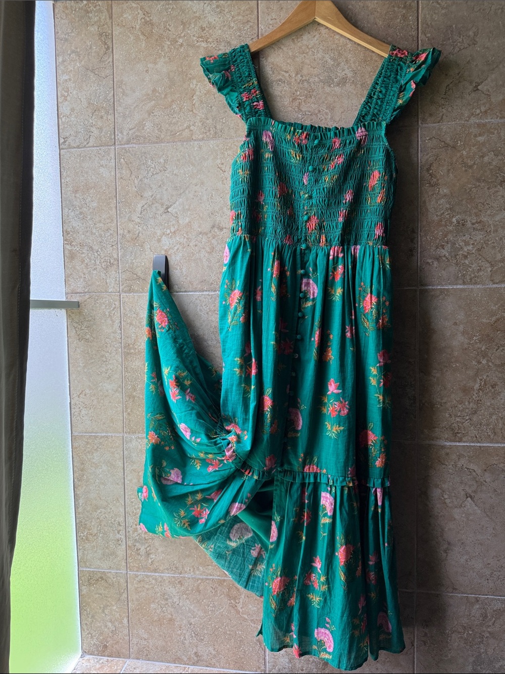 Anthropologie Peregrine Square Neck Midi Dress Pockets Smocked Flounce Teal Pink - Picture 7 of 16